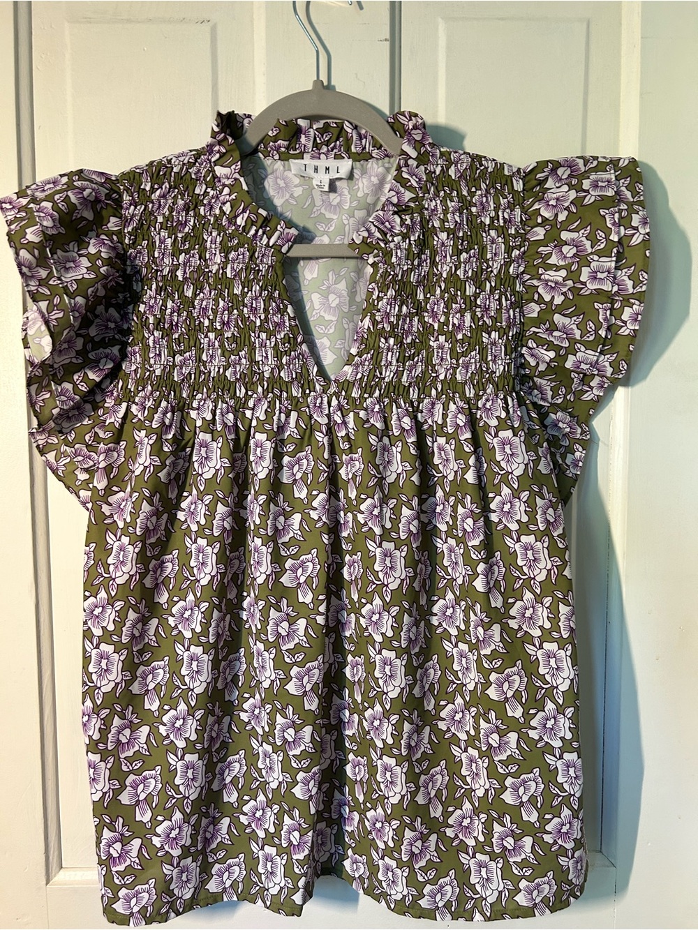 THML Olive Green Smocked Flutter Sleeve Floral Top with Lavender Blooms